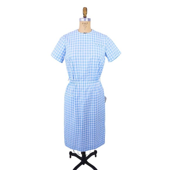 Vintage 1960s Blue Gingham Dress Deadstock Sheath | W 27"+ - Picture 2 of 5